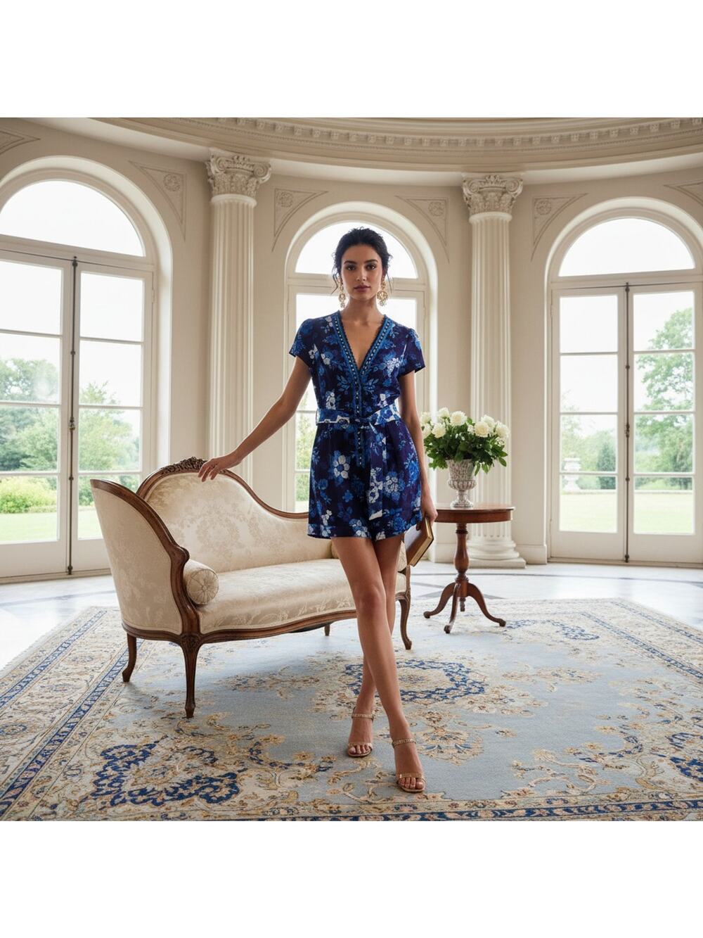 Adrianna Papell Blue Floral Romper • Size 10 • NWT • V‑Neck Belted